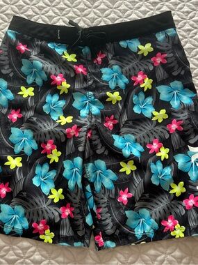 Hurley Black Board Shorts with Blue, Pink & Neon Yellow Floral Print